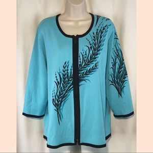 Bob Mackie wearable art turquoise & black cardigan